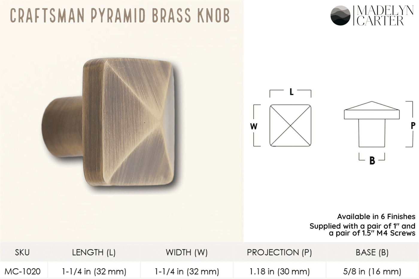 Craftsman Pyramid Solid Brass Cabinet Knob